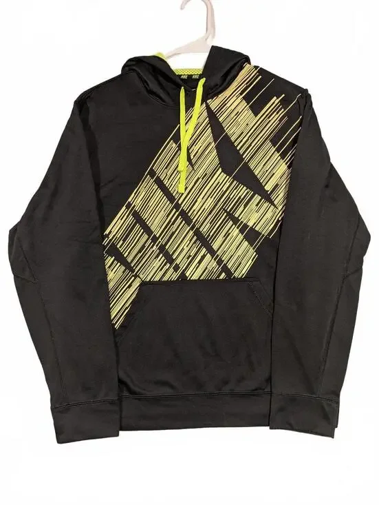 Nike Therma-Fit Hoodie Black Neon Yellow Graphic Pullover Sweatshirt Mens Medium - Picture 2 of 8